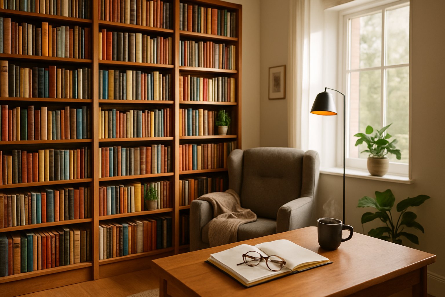 Ein gemütlicher Raum mit hohen Bücherregalen, einem bequemen Sessel und einem Schreibtisch mit einer offenen Notizbuchseite und einer Tasse Kaffee.