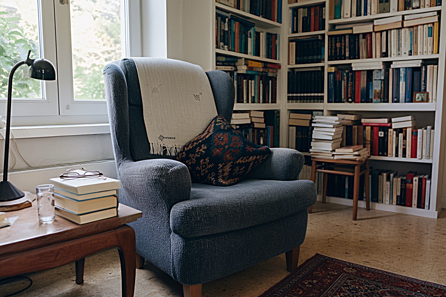 Ein gemuetlicher Lesesessel am Fenster mit einem Stapel Bücher, Sommerlicht faellt herein