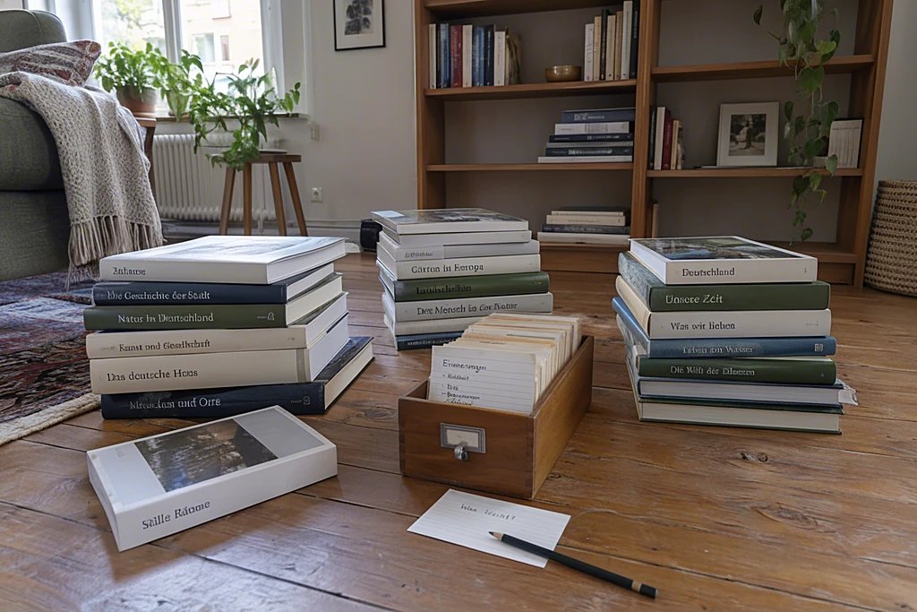Bücherstapel auf dem Holzboden vor einem halb leeren Regal mit einem Karteikasten daneben